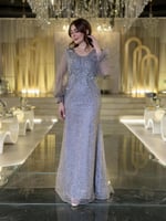 فستان سهرة 7166 فضي لامع بأكمام شفافة خيار مثالي ل...