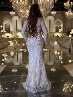 فستان سهرة 7109 أوف وايت مطرّز كريستالات بأكمام شف...