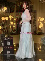 فستان سهرة 3151 سماوي فاتح مطرّز بخطوط عمودية بقصّ...