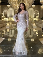 فستان سهرة 7109 أوف وايت مطرّز كريستالات بأكمام شف...