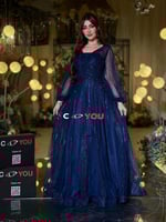 فستان سهرة 3151 كحلي مطرز بأناقة مع أكمام تول شفاف...