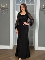 فستان سهرة أسود لامع بأكمام دانتيل شفافة، ينحت الق...