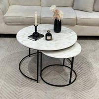 طقم طاولتين متداخلة خشب أبيض حديد أسود مع 4 خدمة -...