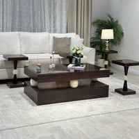 طقم طاولات ضيافة خشب بني غامق سطح زجاج شفاف مع 6 خ...