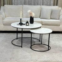 طقم طاولتين متداخلة خشب أبيض حديد أسود مع 4 خدمة -...