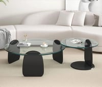 طقم طاولتين ضيافة خشب أسود سطح زجاج دائري شفاف - ب...