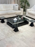 طقم طاولات سطح مراية أرضي مع 4 خدمة لون اسود - بتص...