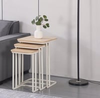 طقم طاولة خدمة سطح خشبي حديد أبيض 3 قطع - بتصميم أ...