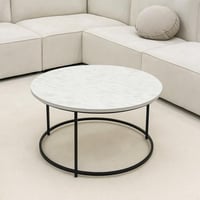 طاولة ضيافة حديد اسود سطح خشب ابيض شكل رخامي