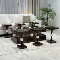 طقم طاولات ضيافة خشب بني غامق سطح زجاج شفاف مع 6 خ...