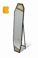 مرآة أرضية كاملة بإطار معدني أسود مع تفاصيل راتان...