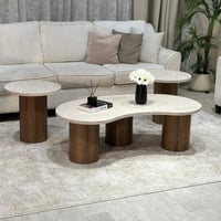 طقم طاولة سطح خشبي قاعدة بني مع 2 طاولات خدمة - بت...