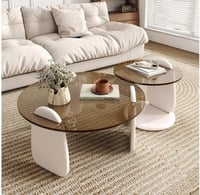 طقم طاولتين ضيافة خشب أبيض سطح زجاج دائري بني شفاف...