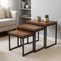 طقم طاولات شاي مدرج خشب بني 3 قطع - بتصميم فاخر وأ...