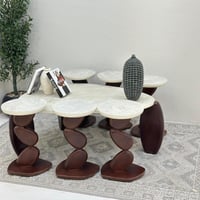 طقم طاولات 7قطع سطح بديل حجر ملمس خشن قاعدة خشب لو...