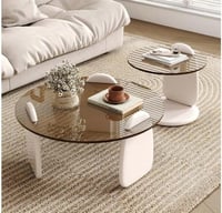 طقم طاولتين ضيافة خشب أبيض سطح زجاج دائري بني شفاف...