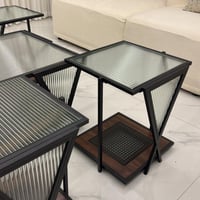 طقم طاولات ضيافة دورين خشب بني سطح زجاج شفاف مع 6...