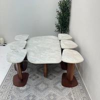 طقم طاولات 7 قطع سطح بديل حجر ملمس خشن قاعده خشب س...