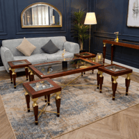 طقم طاولات ضيافة خشب بلون بني و بسطح زجاجي شفاف