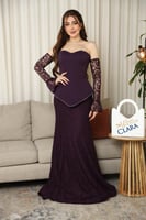 فستان سهرة بنفسجي غامق بأكمام دانتيل أنيقة وتصميم...