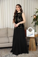 فستان سهرة أسود مخمل بتطريز ذهبي فاخر وتصميم أنيق...