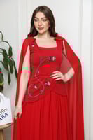 فستان سهرة أحمر فخم بتطريز يدوي وكاب شيفون انسيابي
