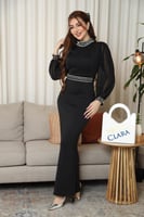 فستان سهرة أسود ضيق بأكمام شيفون وتطريز فضي فاخر ح...