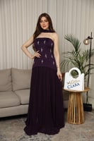 فستان سهرة أسود بلمسات لامعة مع شال شفاف – تصميم أ...