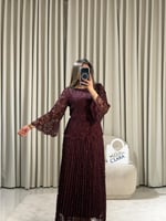 فستان دانتيل خمري أنيق بأكمام واسعة وتصميم كلوش نا...