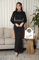 فستان سهرة أسود ضيق بأكمام شيفون وتطريز فضي فاخر ح...