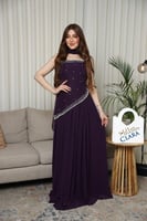 فستان سهرة بنفسجي مطرز بحبات اللؤلؤ ولمسة شيفون را...