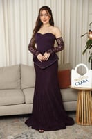 فستان سهرة بنفسجي غامق بأكمام دانتيل أنيقة وتصميم...