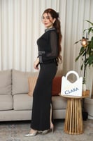 فستان سهرة أسود ضيق بأكمام شيفون وتطريز فضي فاخر ح...