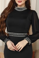 فستان سهرة أسود ضيق بأكمام شيفون وتطريز فضي فاخر ح...