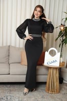 فستان سهرة أسود ضيق بأكمام شيفون وتطريز فضي فاخر ح...