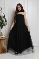 فستان سهرة أسود أنيق بتصميم كورسيه لامع وتنورة تول...