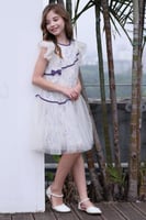 فستان مشجر تغطيه طبقة من التل مزين بشريطين باللون...