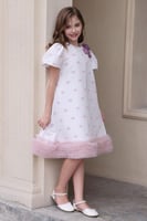 فستان بناتي سكري بحواف من التل مزين بفراشات مرسومة