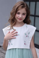 فستان تل باللون الأخضر الفاتح وأبه مطرزة