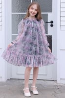 فستان تل مشجر بأكمام طويلة شفافة