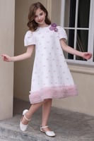 فستان بناتي سكري بحواف من التل مزين بفراشات مرسومة