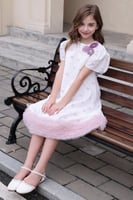 فستان بناتي سكري بحواف من التل مزين بفراشات مرسومة