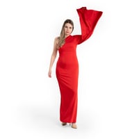 فستان ماكسي احمر ون شولدر وكم طويل منسدل وواسع