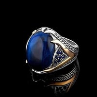 خاتم راقي مرصع بحجر عقيق عين النمر الأزرق - فضة خا...