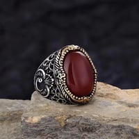 خاتم راقي مرصع بحجر عقيق طبيعي فخم من الفضة الخالص...