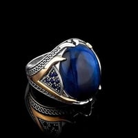 خاتم راقي مرصع بحجر عقيق عين النمر الأزرق - فضة خا...