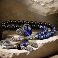 طقم سبحة وخاتم من أحجار اللازورد والعقيق وحجر الني...