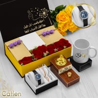 طقم نسائي فخم بتنسيق ورود وتغليف مميز يتكون من ساع...