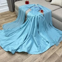 فستان سهرة لون سماوي خامة شانطون صدر مطرز لولو على...