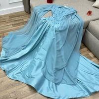 فستان سهرة لون سماوي خامة شانطون صدر مطرز لولو على...